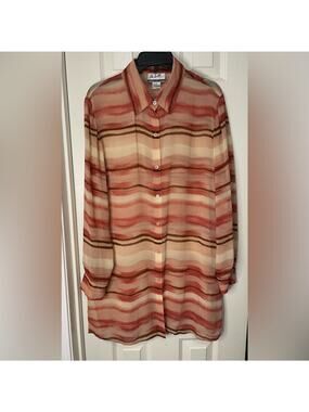 The Look Randolph Duke Cream Mauve Silk Button Up Semi Sheer Long Line Top sz 14